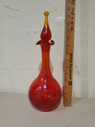 Mid Century Red/yellow Glass Decanter Genie Bottle Vintage Glass