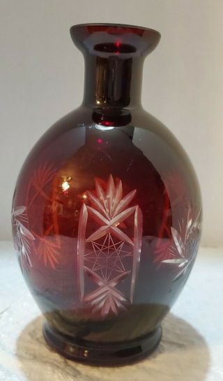 Czech Bohemian Cut To Clear Ruby Red Glass Vase 7 " Tall