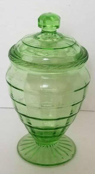 Green Depression Block Footed Candy Jar Block Optic Hocking Glass Co 7 " Tall