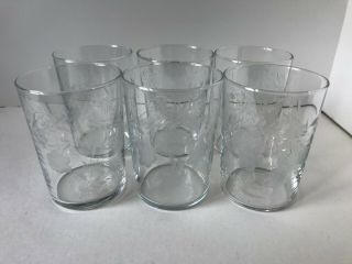 Set Of 6 Vintage Etched Flower Juice Glasses