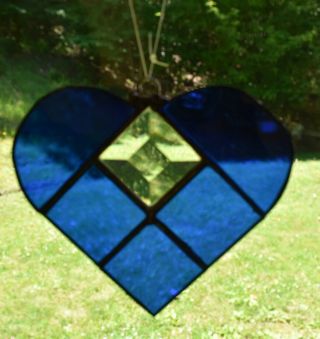Vintage Heart Shaped Stained Glass Suncatcher Colbalt Blue And Clear Prism