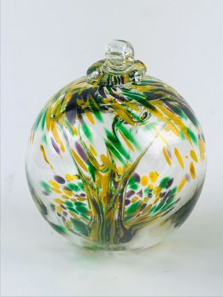 Witch Ball Hand Blown Art Glass Witching Green Purple Yellow 6 Inch