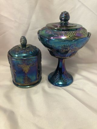 Candy Jar & Wedding Bowl - Carnival Glass Iridescent Blue Green Harvest Grape
