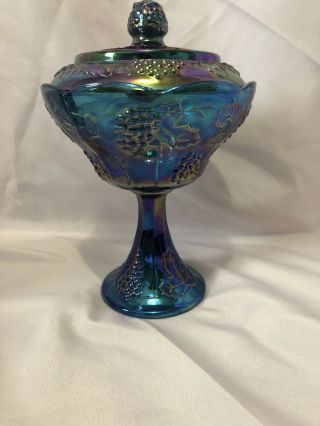 Candy Jar & Wedding Bowl - Carnival Glass Iridescent Blue Green Harvest Grape 2