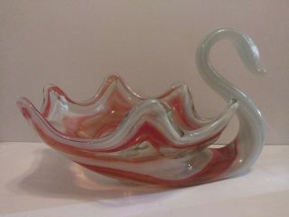 Vtg Art Glass Swan Bowl Mid Century Modern Blown Stretch Glass Bird Murano Style