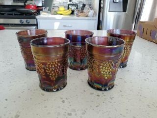 Set Of 5 Northwood Carnival Glass Tumblers - Amethyst - Grape And Cable Pattern