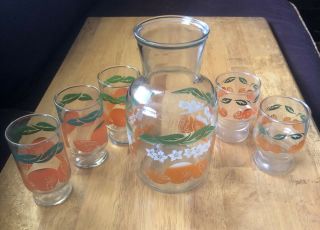 Vintage Small Orange Juice Carafe Glass Pitcher W/ 5 Glasses