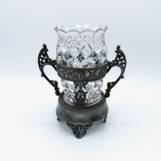 Antique Eapg Glass Celery Vase And Silver Plate Stand,  Nr