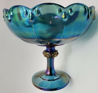 Indiana Carnival Glass Compote Footed Bowl Blue Iridescent Teardrop Garland