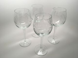 Vintage Set (4) Clear Floral Etched 7 1/2” Wine Glasses -