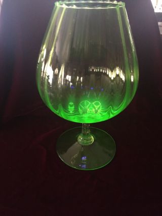 Antique Green Uranium Glass Brandy Snifter Fish Bowl Empoli Glows 12” Tall