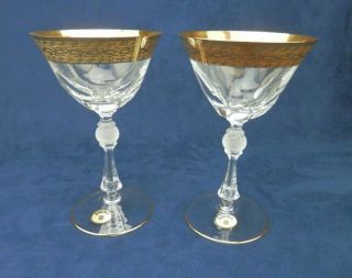 2 Vintage Bohemia Crystal Glass Wine Glass Goblet Heavy Gold Band Claret W/tags