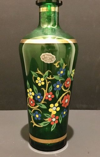 Vintage Floral Transferware Glass Vase Emerald Green Gold Trim Italy 9”