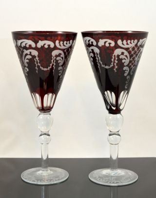 Antique Vintage Czech Bohemian Ruby Red Goblets Set Of 2