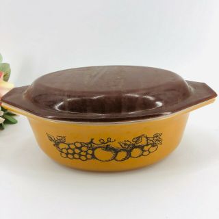 Vintage Pyrex Old Orchard 043 Oval Casserole Dish W/ Lid Tan Brown Fruit Pattern
