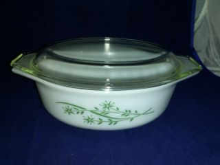 Vintage Pyrex 043 Casserole Baking Dish W/ Lid - White W/ Green Flowers Euc
