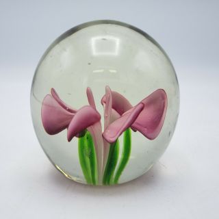 Vintage Art Glass Paperweight With Pink Flower