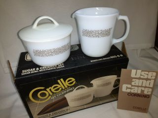 Vintage Corelle ‘woodland Brown’ Cream And Sugar W/lid Set 605 - 6 - N