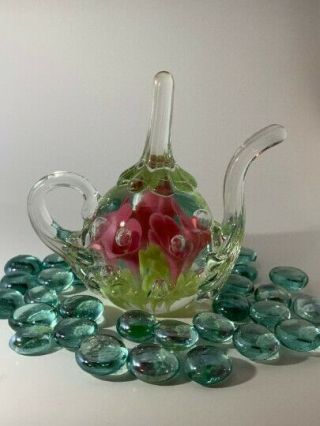 Joe St.  Clair Vintage Teapot Ring Holder Pink And Green Floral Trumpet Flowers