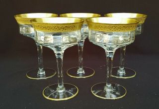 Vintage Set Of 5 Tiffin Minton Gold Encrusted Champagne Tall Sherbet Glasses