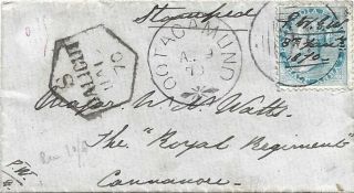 1870 Qv India " Royal Regiment " Cover,  Ootacamund 94 To Cannore,  Red 85 Cancel