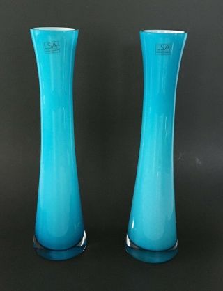 1 Pair,  Lsa International Poland Mouth Blown 14 " Tall Long Stem Blue Glass Vases