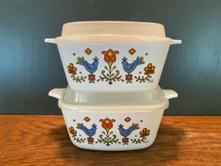 Set Of 2 Corning Ware Country Festival Blue Bird 2 3/4 Cup Casserole Dish W Lids