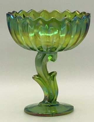 Vintage Indiana Glass Lime Green Carnival Glass Tulip Lotus Blossom Compote Dish