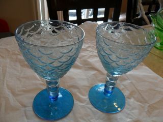Lovely Bryce Glass Turkey Tracks? Ball Stem 5 1/4 " Wine Glasses In Aqua 1930s