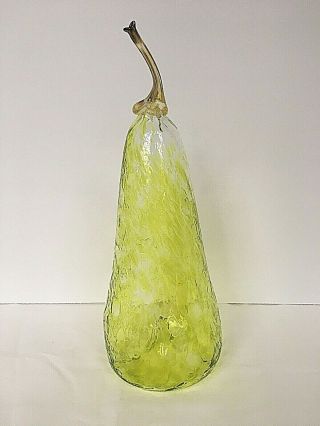 Hand Blown Art Glass Green/yellow Glass Pear Signed By Artist “ann Wry” -