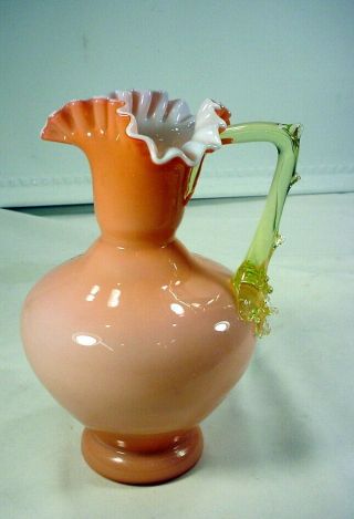 Rare Antique Steven & Williams Hand Blown Pink Ruffled Pitcher With Thorn Handle
