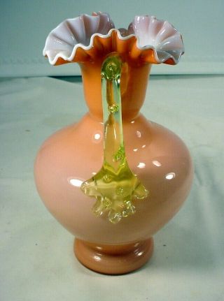 RARE ANTIQUE STEVEN & WILLIAMS HAND BLOWN PINK RUFFLED PITCHER WITH THORN HANDLE 2