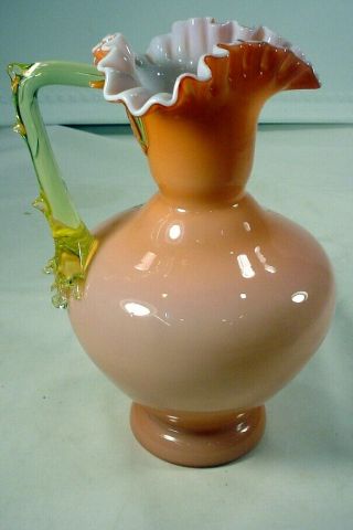 RARE ANTIQUE STEVEN & WILLIAMS HAND BLOWN PINK RUFFLED PITCHER WITH THORN HANDLE 3