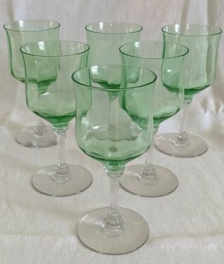 Set Of 6 Antique Wine Glasses.  Green Bowl With Fluted Clear Stem.  No Flaws