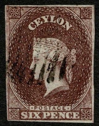 Ceylon 1857 Sg6 6d Purple - Brown 4 Margin Very Fine Cat.  £140.  00
