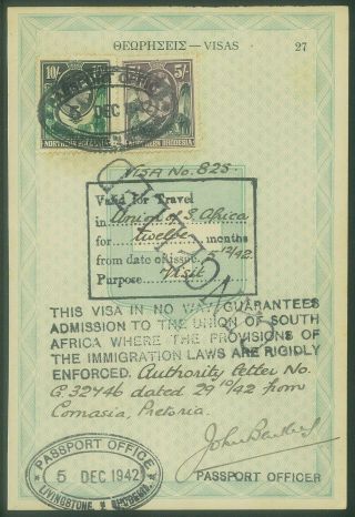 Nth Rhodesia - 1942 Passport Page With Kgvi 5/ - And 10/ - Stamps (es480b)