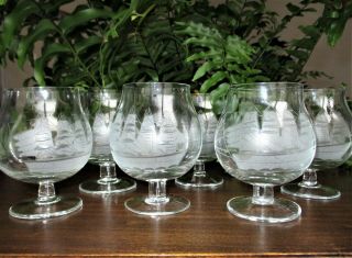 Etched Crystal 6 Nautical Clipper Ship Boat Brandy Cognac Glasses Snifter Set