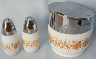 Vintage Pyrex Butterfly Gold Salt & Pepper Shakers & Sugar Bowl Set (gemco)