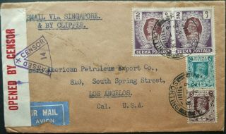 Burma 3 Jul 1941 Airmail Cover From Rangoon Via Singapore To L.  A,  Usa - Censored