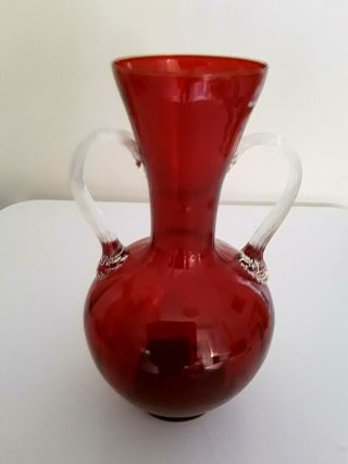 Tall Vintage Murano Art Glass Red Vase With Two Handles Mid Century Modern Retro