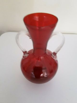 Tall Vintage Murano Art Glass Red Vase With Two Handles Mid century modern retro 2