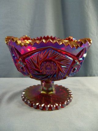 L.  E.  Smith Red Carnival Glass Compote Footed Bowl W/ Pinwheel Hobstar Design