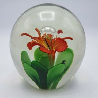 Vintage Art Glass Paperweight With Red Flower