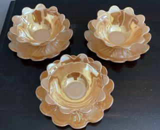 Vintage Fire King 6 Pc Peach Luster Swirl Berry Bowl With Saucer Euc