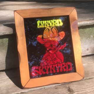1970s 1980s Lynyrd Skynyrd Smoking Skeleton Flag Mirror Carnival Prize Framed