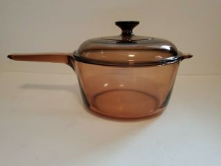 Corning Ware Visions Amber Sauce Pan With Lid,  2.  5 Liter Vintage