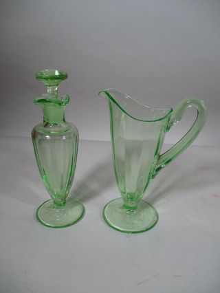 Vintage Cambridge Depression Green Vaseline Uranium Glass Cruet & Syrup Pitcher