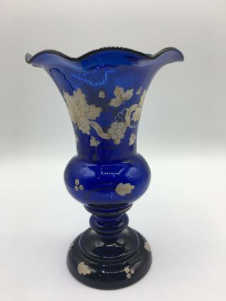 Vintage Hand Blown Cobalt Blue Glass Vase Ruffled Edge Applied Grapes & Leaves