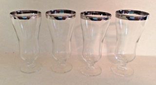 Vintage Footed Clear Glasses With Silver Rim - Mid Century Set Of 4 Barware