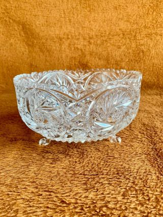 Vintage Large Heavy Hand Cut Crystal Footed Bowl